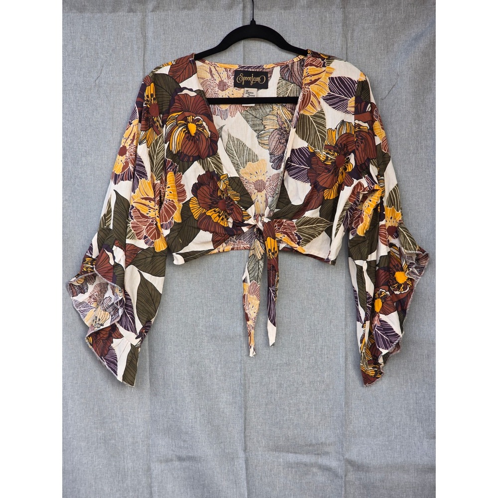Spoon Jeans Floral Crop Top Bell Sleeve Tie Front Cotton Linen Boho Mustard L